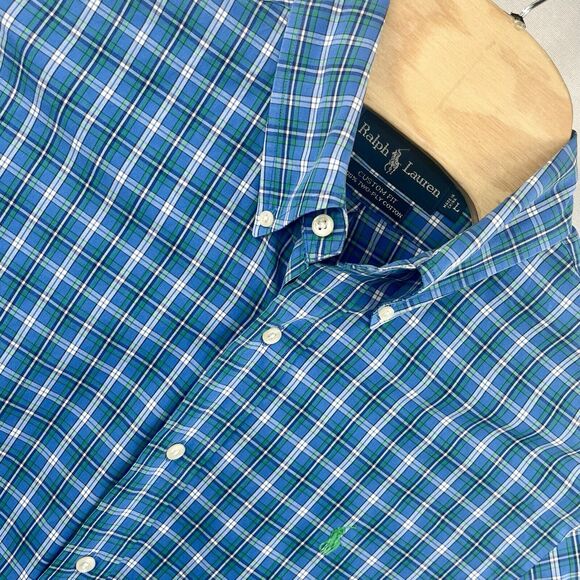 Polo Ralph Lauren Custom Fit Large Blue Plaid Button Down Long Sleeve Read - Picture 1 of 5